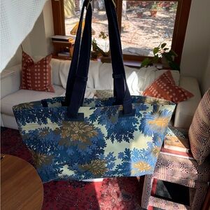 Vintage Floral Canvas Tote Bag with Blue and Green Accents
